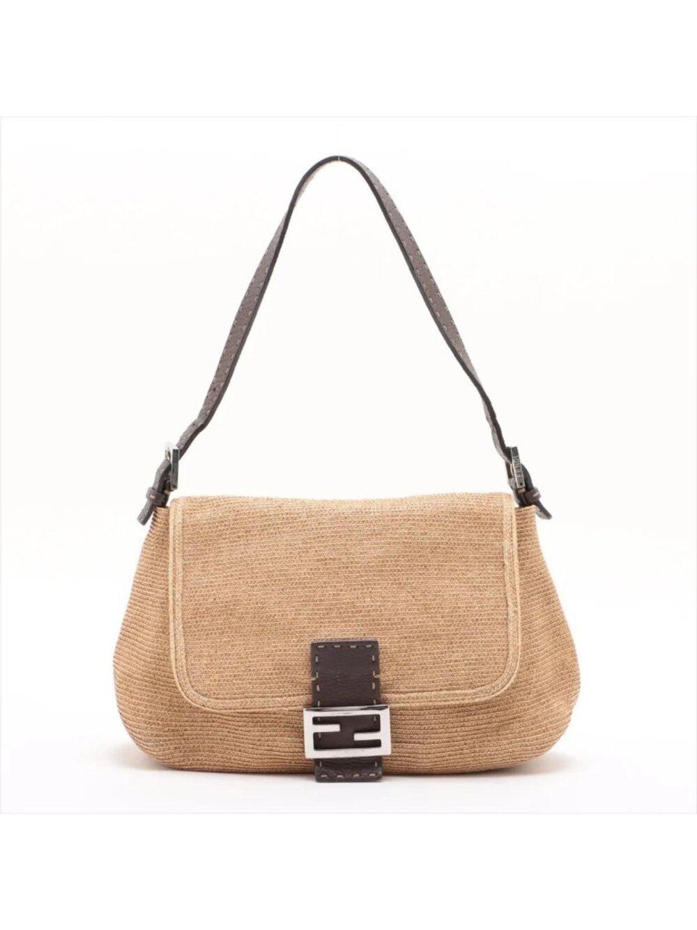 Fendi Selleria Mamma Baguette Bucket Leather Raffia Shoulder Bag